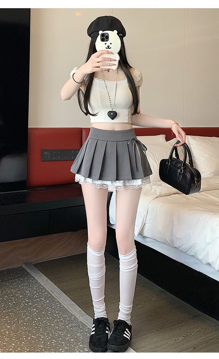 甜美纯欲风百褶半身裙女春夏新款蕾丝拼接蝴蝶结高腰防走光超短裙详情7