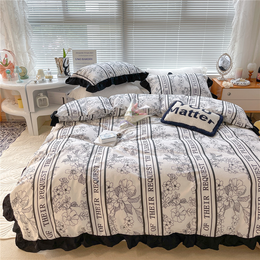 French Hepburn style pure cotton four-piece set, high-end feel, pure cotton black and white sketch flower duvet cover, all-cotton edge bedding pic 61