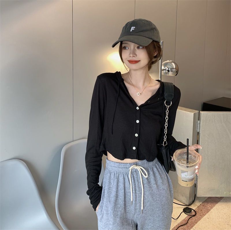 软糯连帽长袖开衫短外套女2023新款秋季懒惰风修身短款打底衫上衣详情6