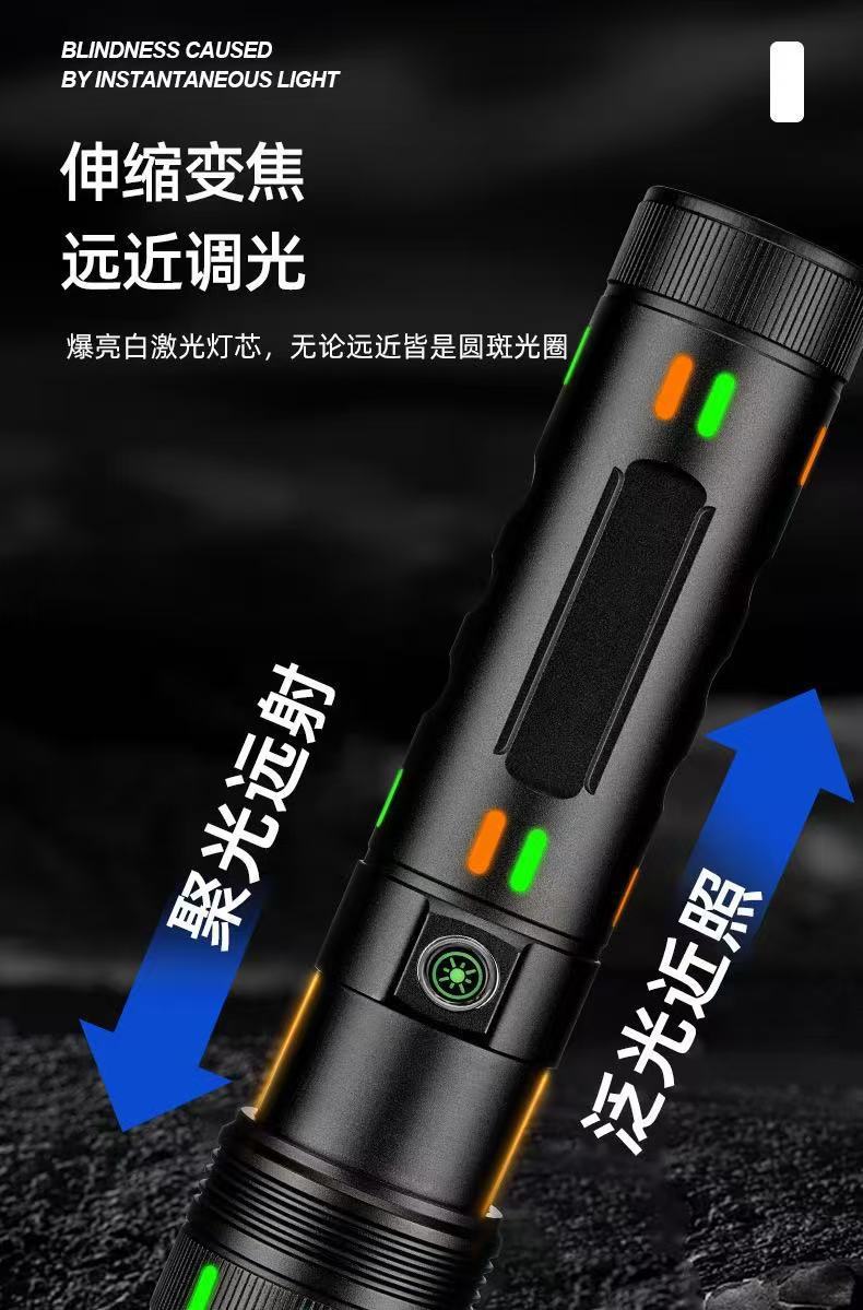 跨境白激光大功率强光手电筒户外多功能铝合金荧光手电Type-c充电详情12