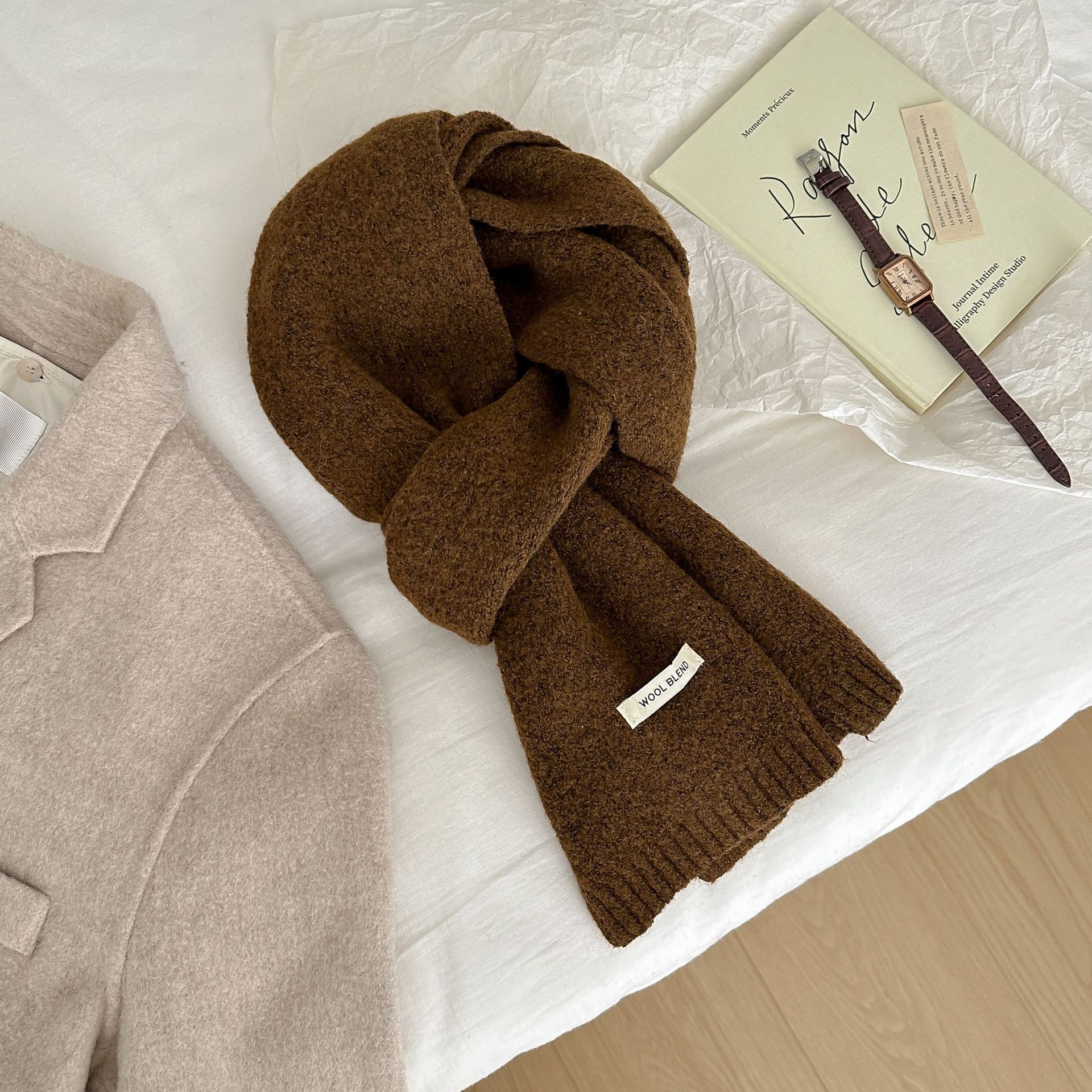 Solid-color wool blend scarf for women, autumn and winter, knitted woolen, warm, Korean-style, versatile, fashionable, fresh and sweet neck pic 29