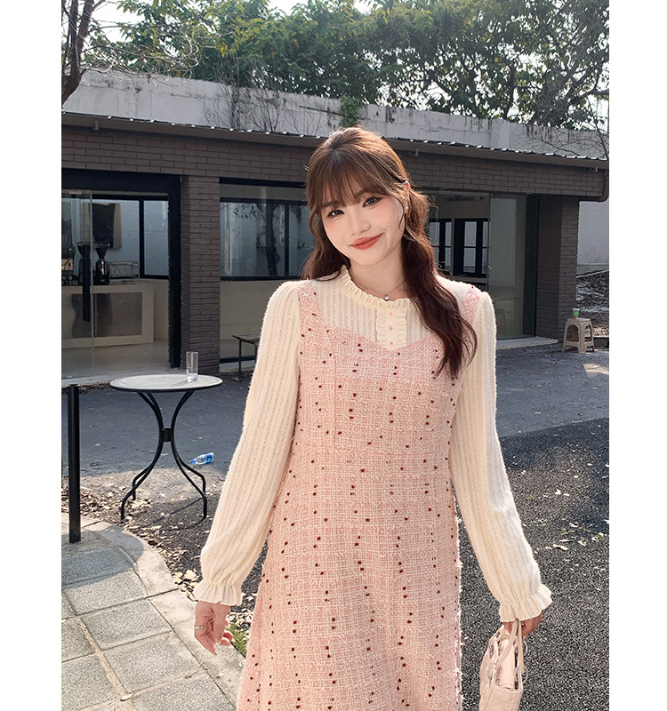 法式假两件小香风千金连衣裙春季胖mm大码女装高腰显瘦裙子65122详情18