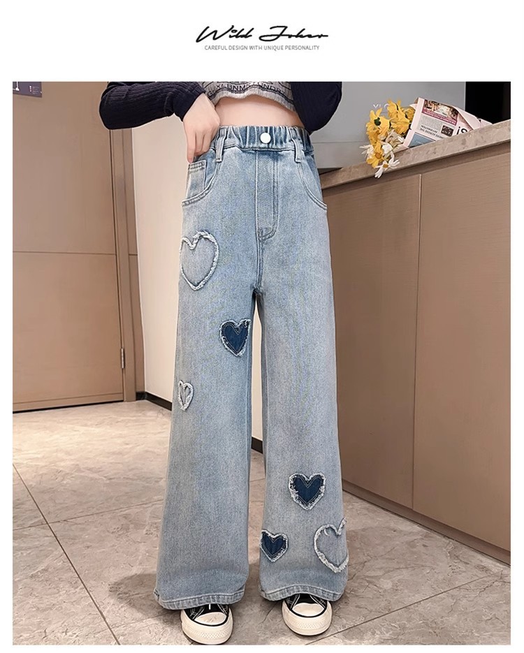 女童爱心贴布阔腿裤牛仔裤2025春秋款女大童直筒裤炸街潮韩版潮流详情14
