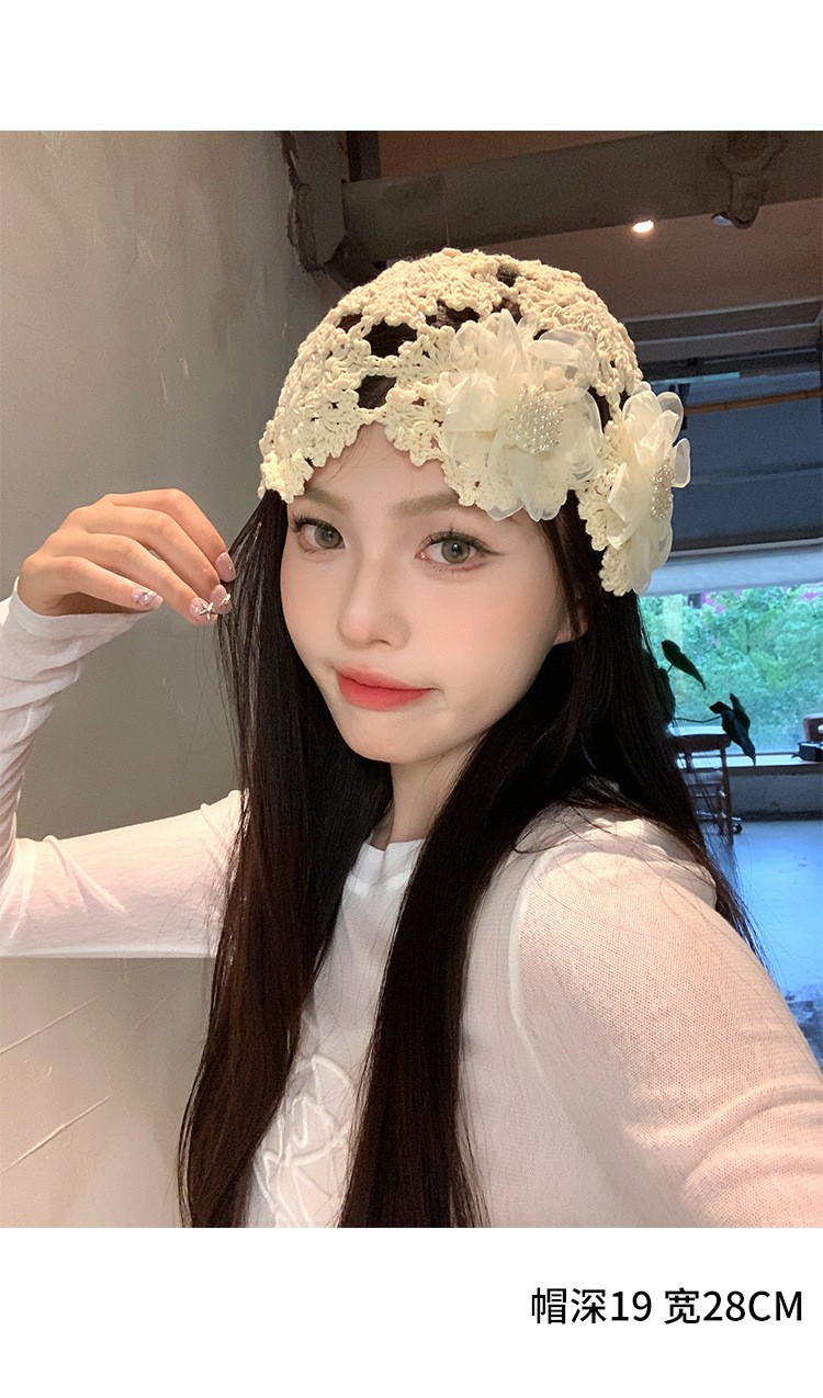 Summer thin Korean-style hollowed-out pearl flower hand-knitted headpiece hat for women, sweet, cute, fashionable and niche hat pic 13