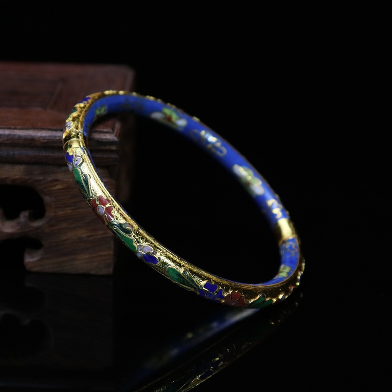 Beijing Cloisonne vintage collectibles, classical ethnic style copper body cloisonne enamel jewelry, gold base open bracelet pic 9