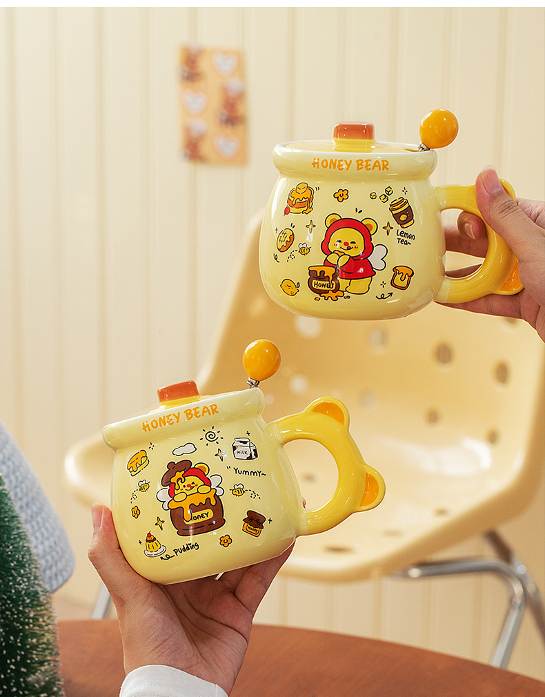 Cute honey bear ceramic cup, large-capacity covered spoon mug, high appearance level water cup, birthday gift and souvenir pic 9