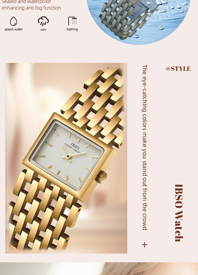 IBSO金色方形石英女表輕奢中古風(fēng)鋼帶腕表時(shí)尚氣質(zhì)款詳情5