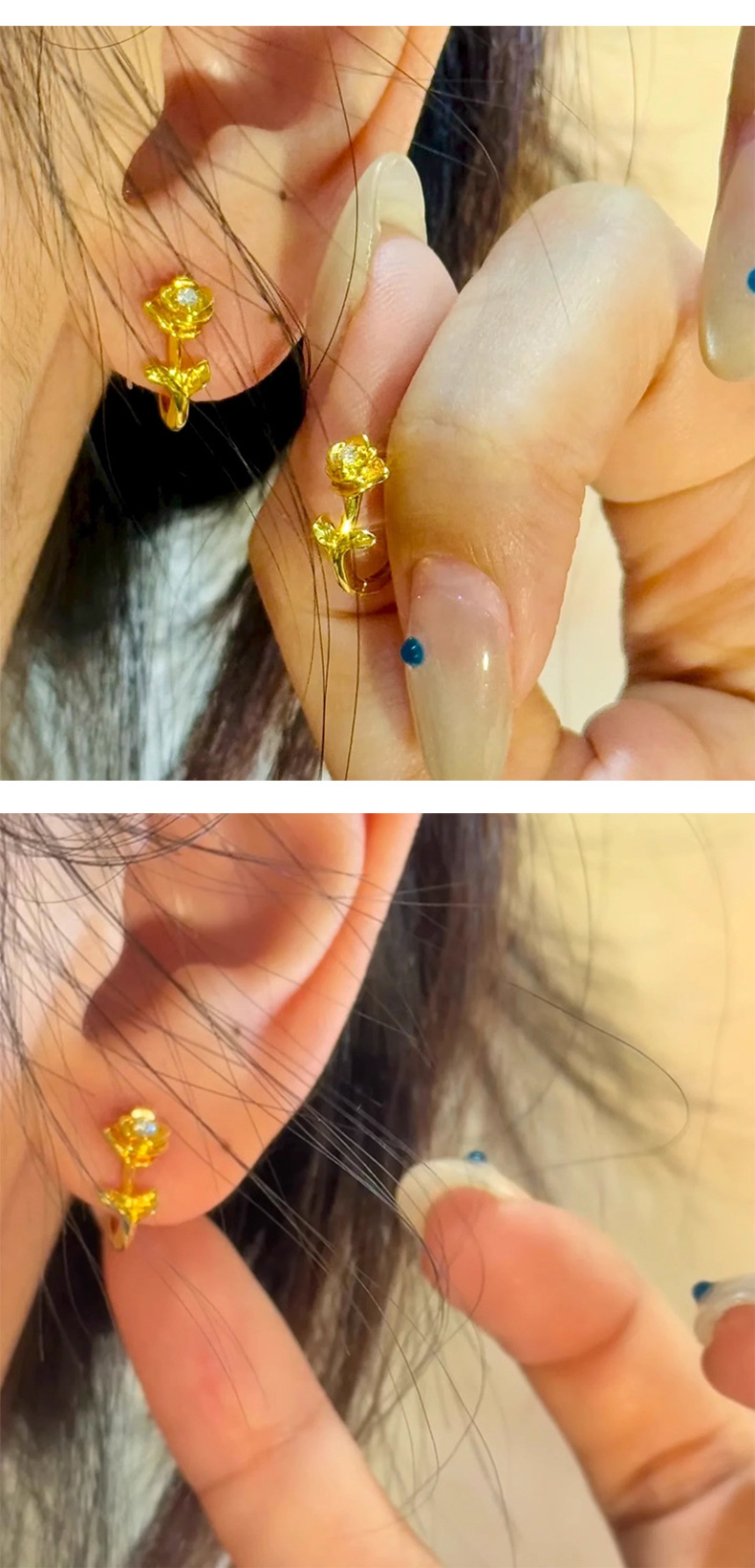 小红书法式复古精致mini花朵耳环轻奢高级感金色浪漫玫瑰花耳扣女详情29