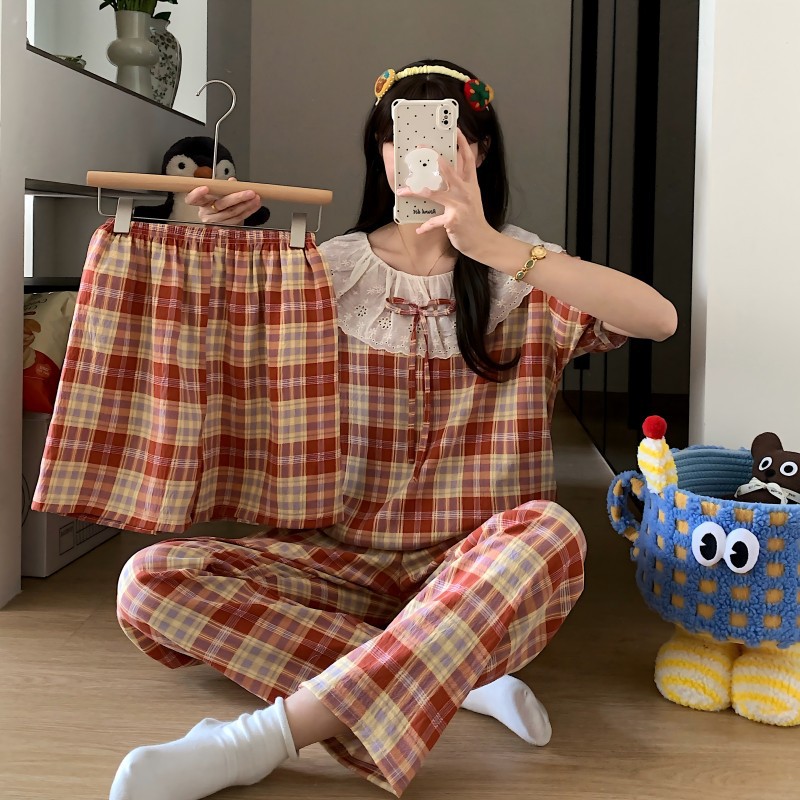 跨境外贸爆款三件套睡衣女短袖短裤长裤甜美大翻领蕾丝花边家居服详情18