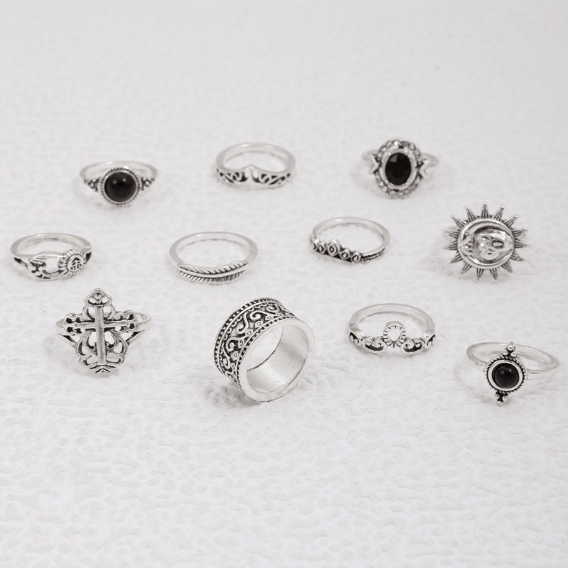 跨境时尚首饰 复古雕花太阳羽毛十字架黑色宝石戒指多件套装组合详情7