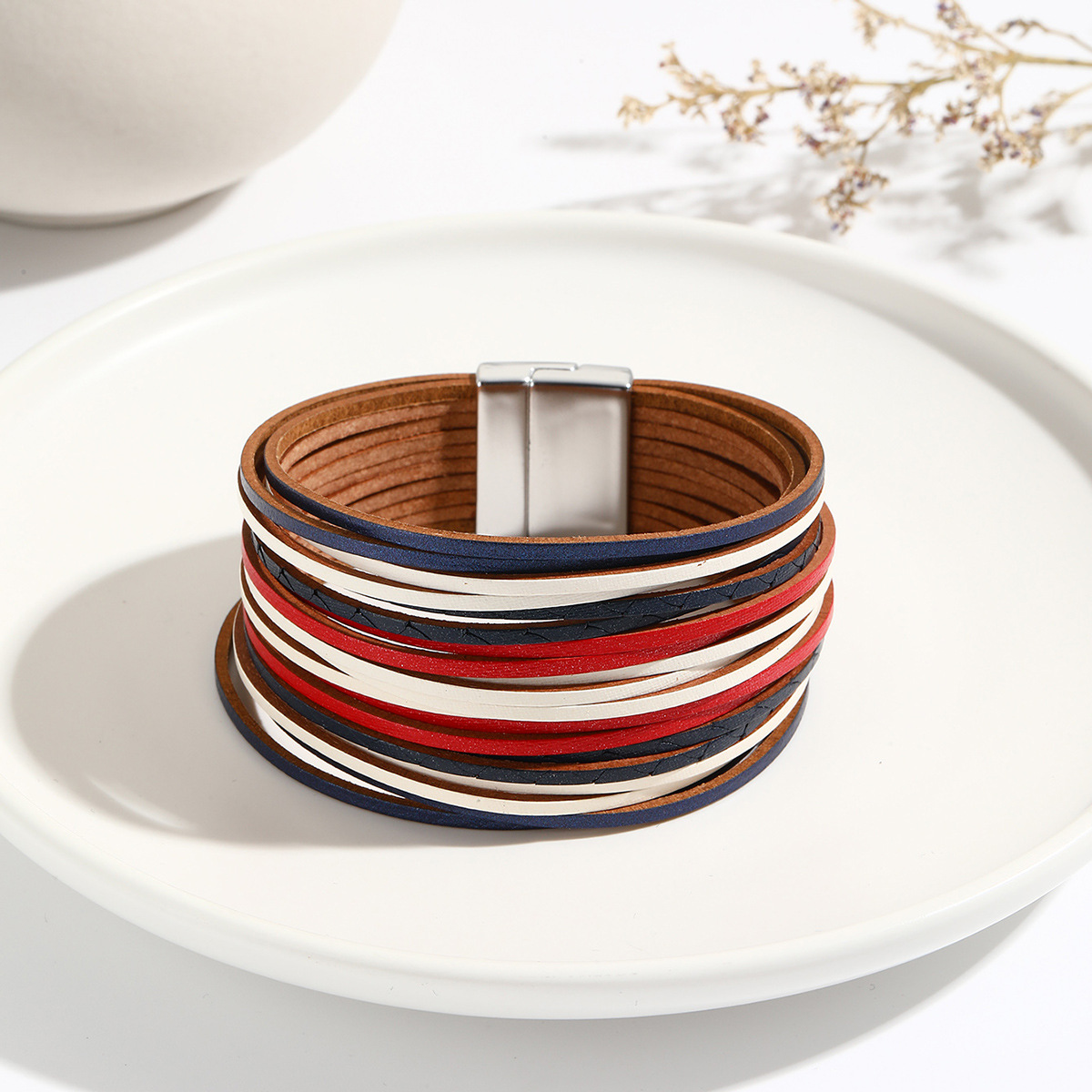 新款亚马逊多条渐变男手环皮绳混色百搭女士PU皮革皮手链磁扣手镯详情31