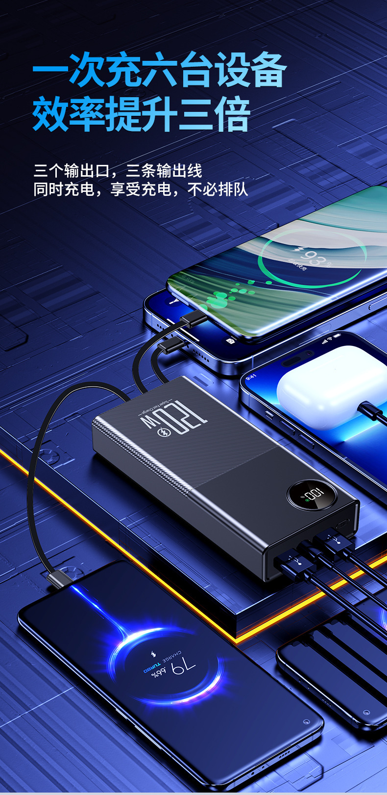 Customized new super fast charging 120W power bank with built-in cable, 20,000mah large-capacity mobile phone power bank pic 15