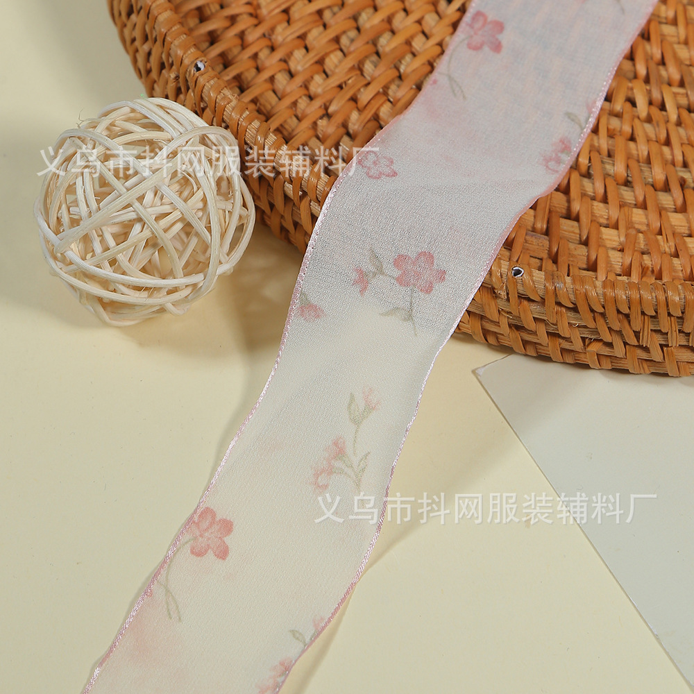 4cm transparent snow gauze ribbon hair accessory DIY bow flower material gift box packaging small floral printed ribbon wholesale pic 3