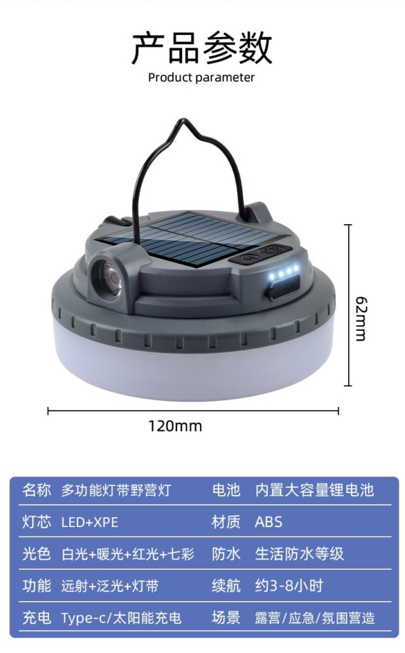 户外太阳能七彩露营灯Type-C充电多功能氛围灯灯串灯带帐篷灯详情15