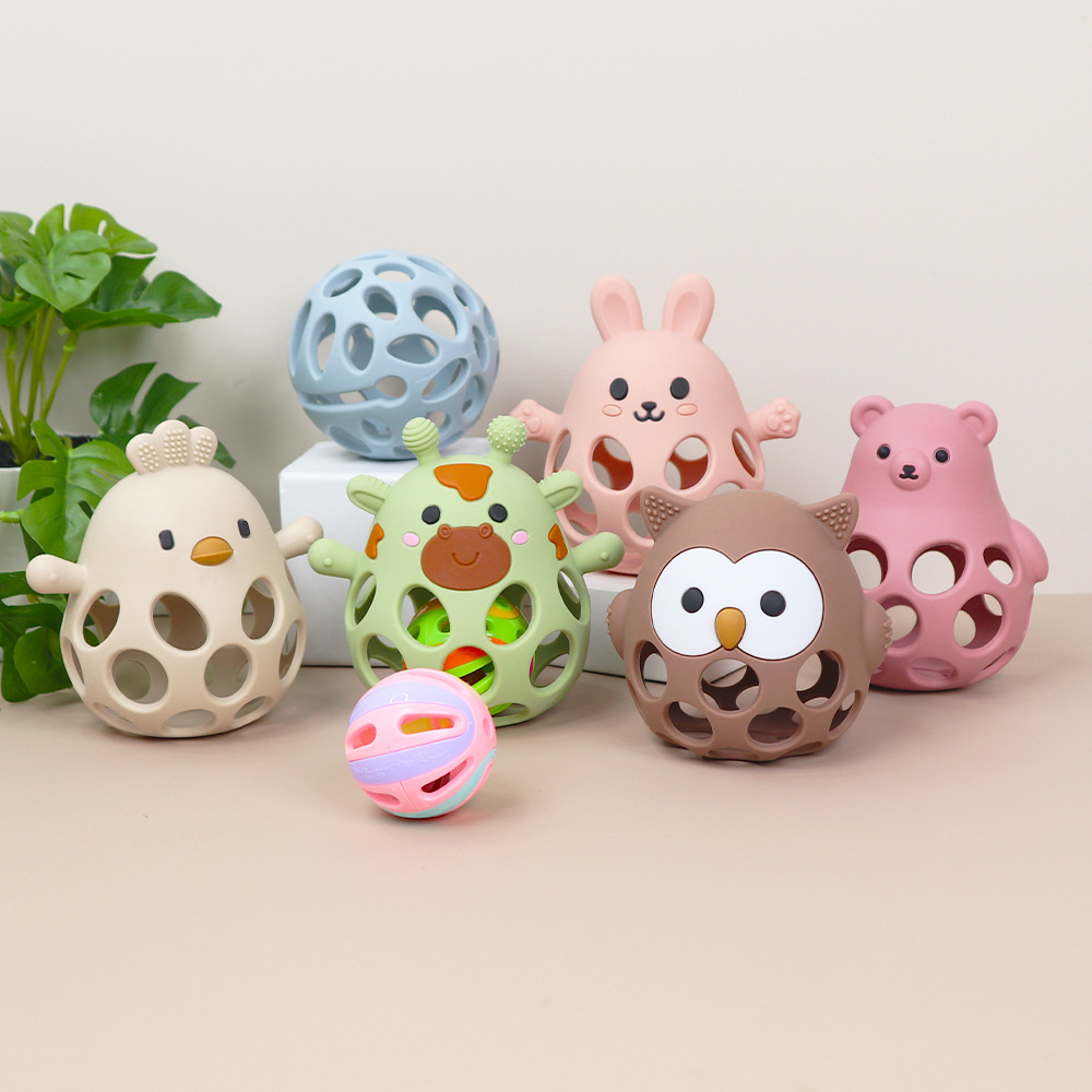 Cross-border new Manhattan Ball 0-3 baby food-grade silicone hand-held ball hand-cranked bell baby chewing gum pic 8