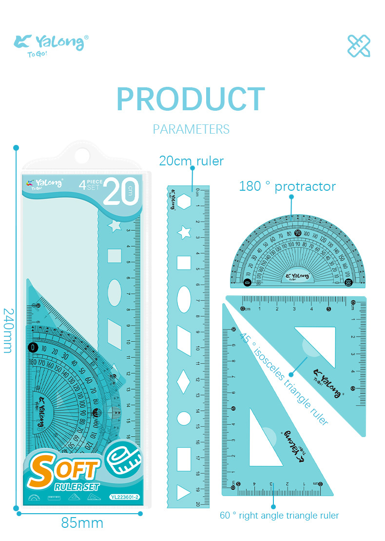 Yalong Cross-border Hardcover 20 cm Computer resin flexible Tape measure geometric set and Angle gauge set student school supplies pic 7