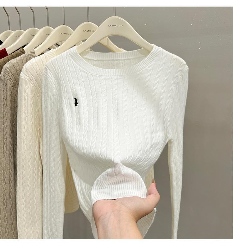 A loose embroidered knitted base layer for women can be paired with a new autumn and winter stylish long-sleeved white sweater with a twist pattern pic 8