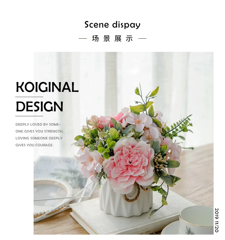 北欧仿真花套装陶瓷麻绳花瓶玫瑰花 仿真植物盆栽家居装饰假花盆详情5