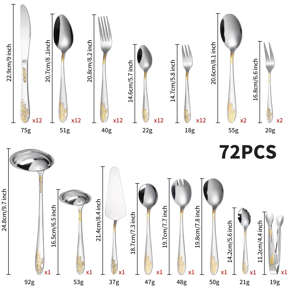 72-piece Western tableware set, 84-piece set, gold-plated Gong Yan stainless steel knife, fork and spoon gift box, wooden box pic 6
