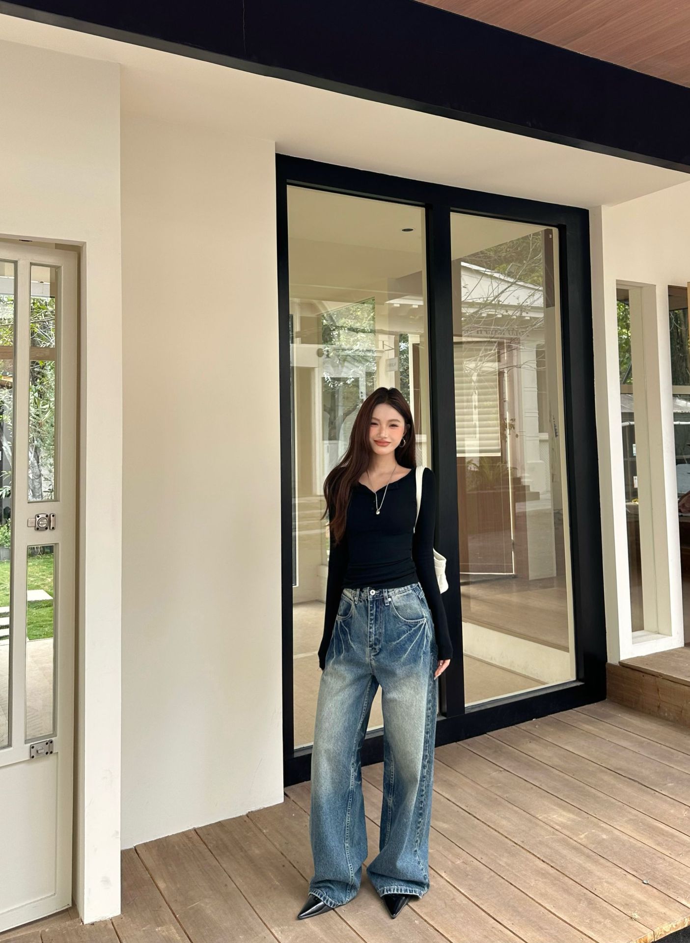 陆晟闪电纹做旧阔腿牛仔裤男女潮流美式复古水洗街头风休闲裤子潮详情7