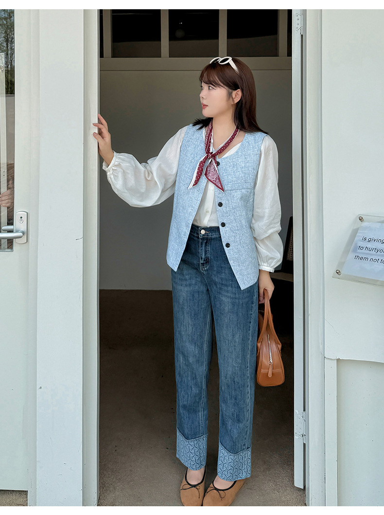 伊诺大码女装蓝色牛仔直筒裤女2025秋季新款百搭卷边法棍裤313081详情27