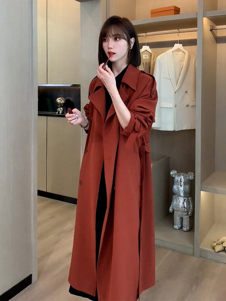 韩系风格枫叶红中长款风衣女装2024春秋新款高级感小众外套女春秋详情3