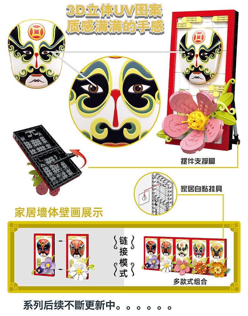 跨境儿童益智拼装小颗粒积木仿真脸谱相框生旦净末丑积木模型盒装详情18