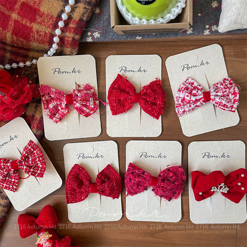 新款韩版红色系蝴蝶结发夹手工布艺儿童侧边碎发刘海夹甜美边夹女红色蝴蝶结发夹 毛呢网纱款带装饰 含皇冠玩偶 少女喜庆精致发详情2