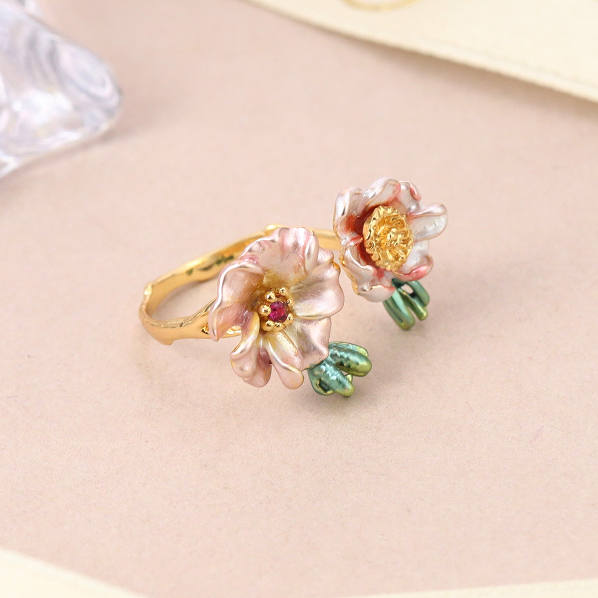 森系珐琅高级感锆石彩色戒指可调节小众设计不掉色花朵指环开口戒详情22