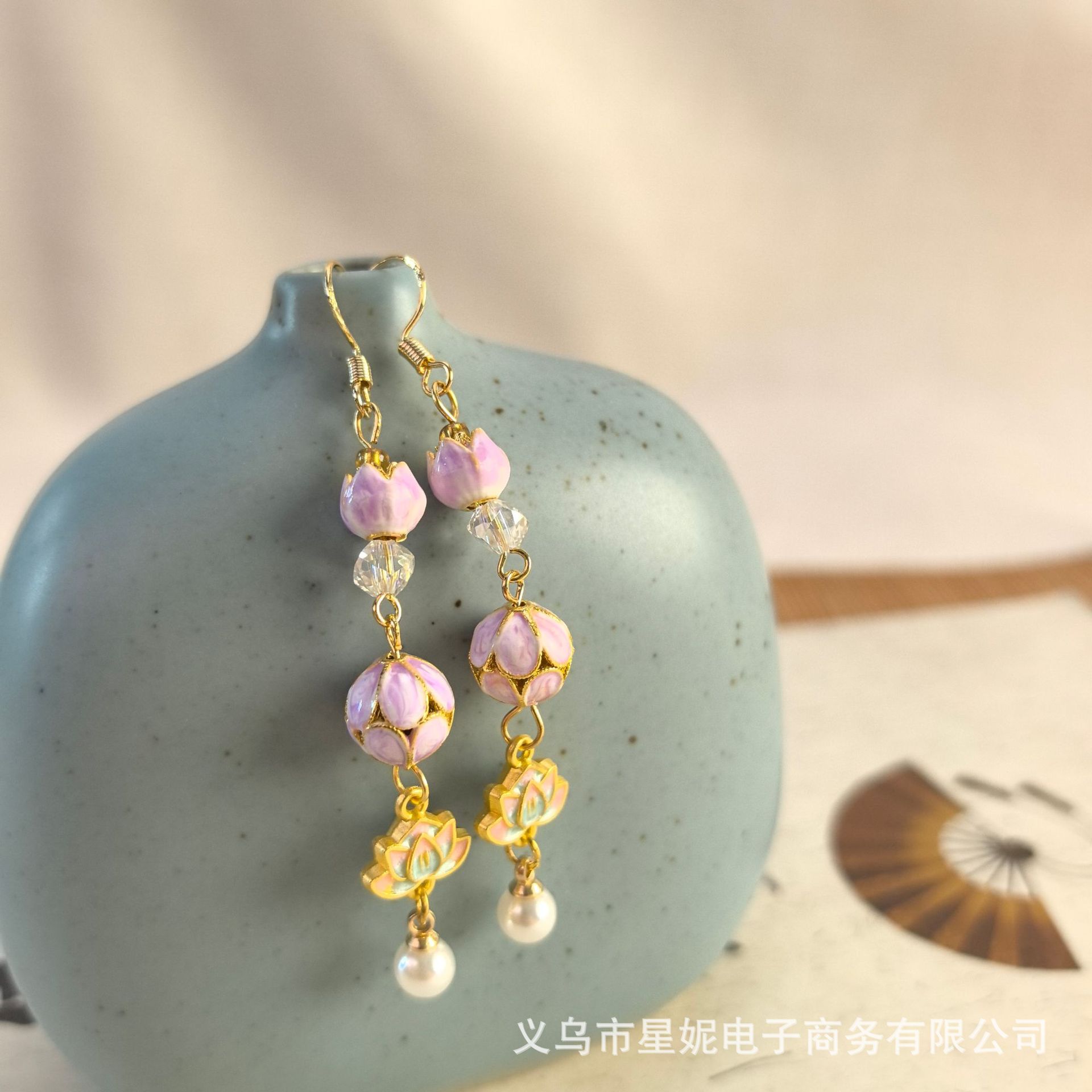 粉色莲花造型锆石耳环耳饰时尚耳饰品批发女款潮流耳环详情7