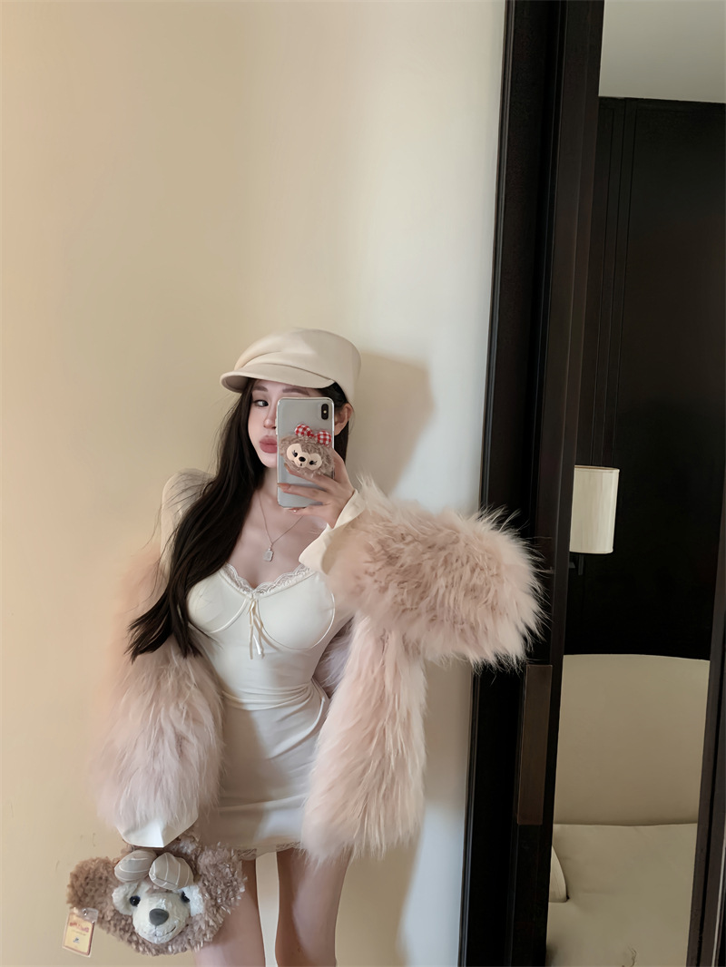 棕色性感v领长袖连衣裙女秋季蕾丝内搭小妈裙子紧身收腰包臀短裙详情10