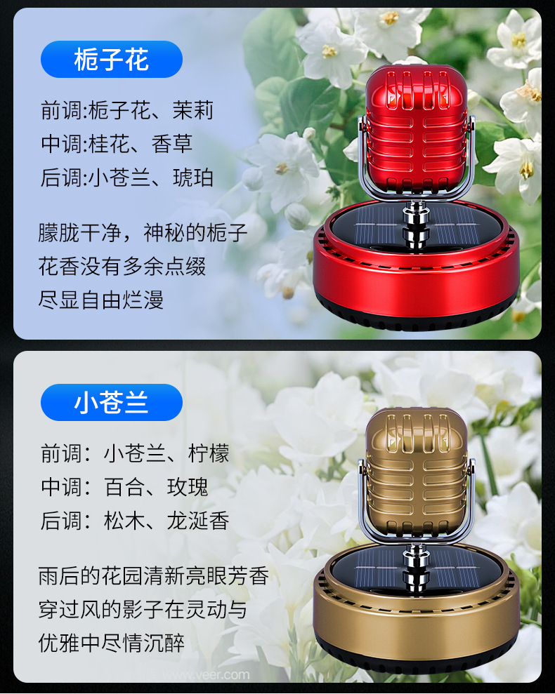 New solar-powered rotating microphone aromatherapy decorative item for cars, creative car perfume holder decoration, car fragrance pic 7