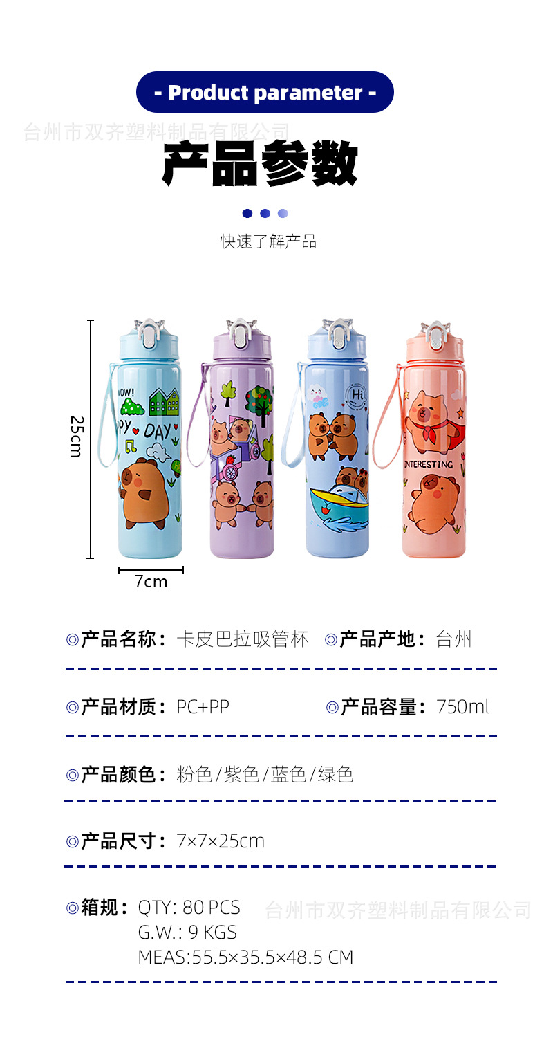 卡皮巴拉吸管水杯可爱儿童吸管杯高颜值学生带提绳便携卡通水杯详情3