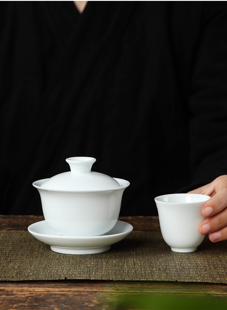 高白瓷三才盖碗羊脂玉瓷纯白大小号茶杯公司活动店铺开业LOGO礼品详情15
