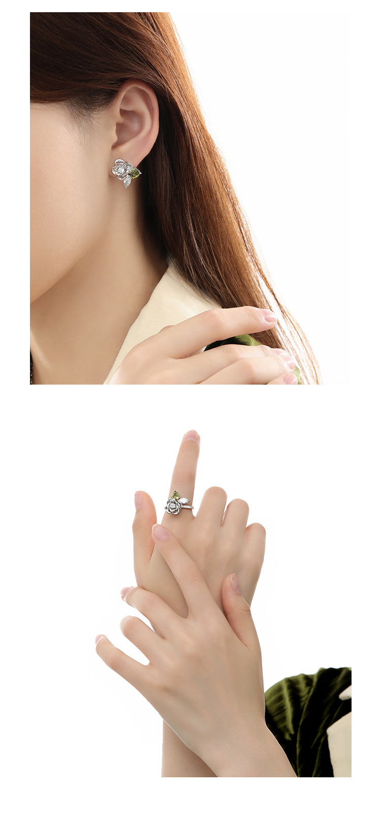 925 Silver Needle Green Leaf Rose Earrings with a Light luxury and high-end Feel for Autumn and Winter 2024 New Style, heart-shaped Zircon earrings pic 14