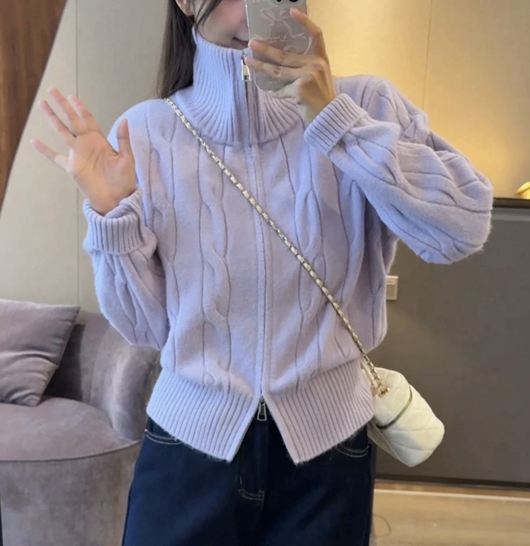 Solid-color casual double-zipper twisted knit cardigan coat, fashionable and versatile, new autumn and winter style sweater top for women pic 7