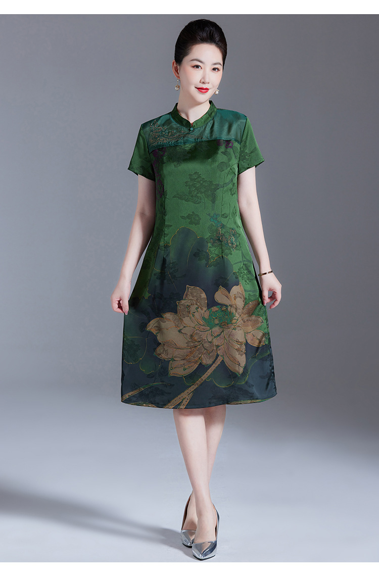 真丝连衣裙2024夏季新款桑蚕丝短袖新中式旗袍领中长裙中年妈妈裙详情15