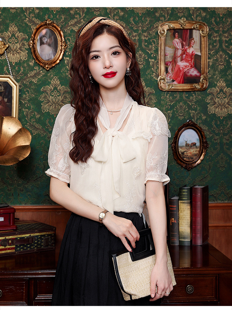 2024年夏季女装高级感蕾丝雪纺衬衫女设计感小众别致蝴蝶结衬衣详情20