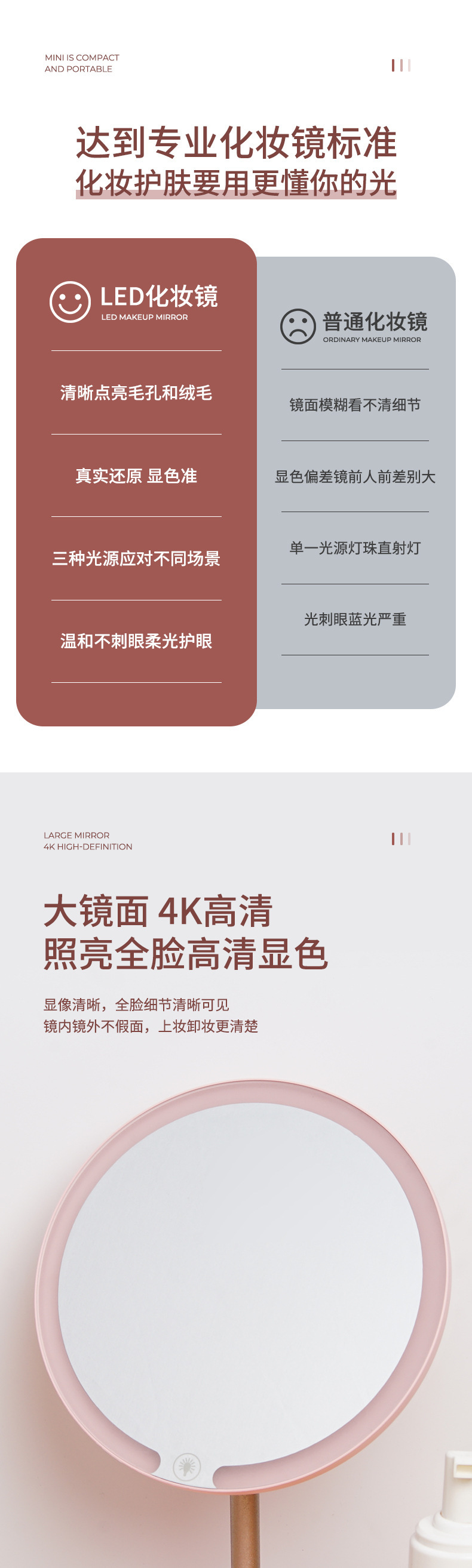 可调节台式旅行led化妆镜带灯收纳盒二合一体式折叠贝壳镜子详情6