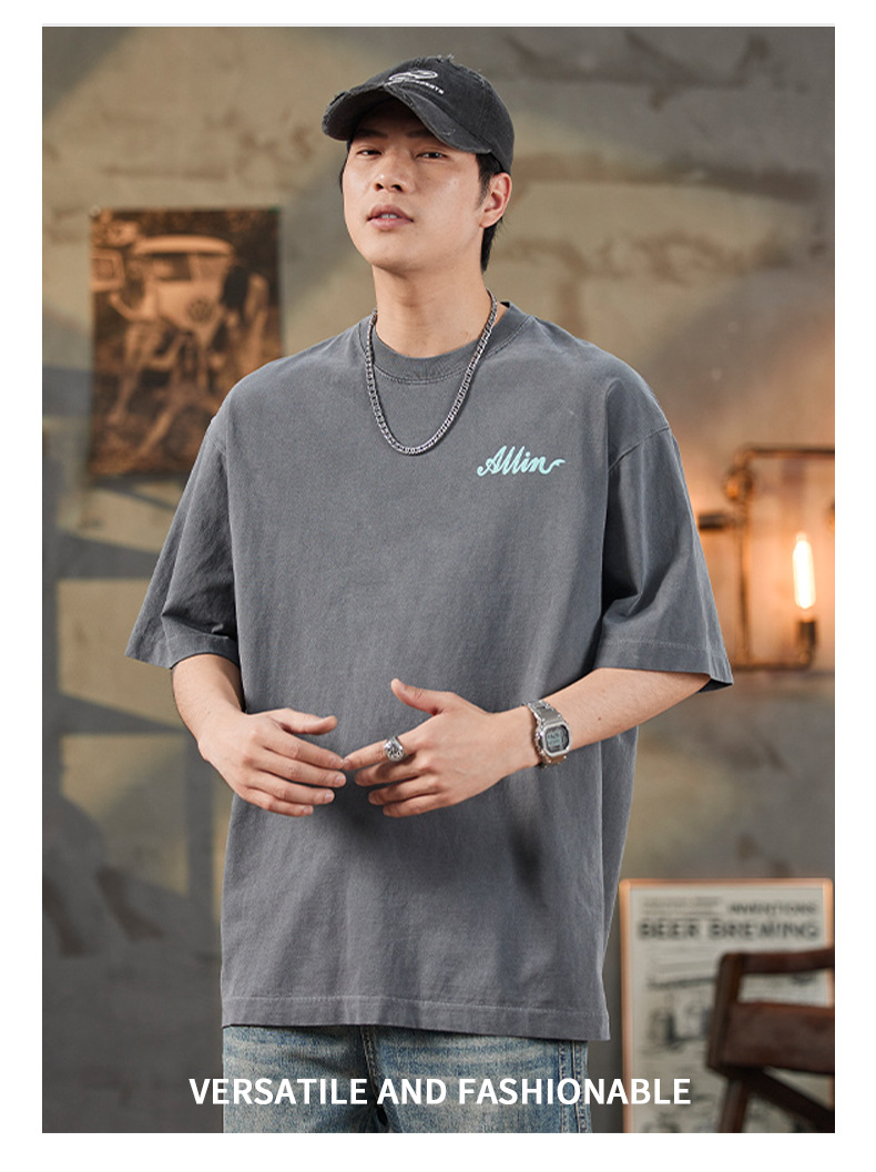 ALLIN pure cotton heavy-duty short-sleeved T-shirt for men, a summer trendy brand with three-dimensional printed letters and loose round-neck couple tops pic 2