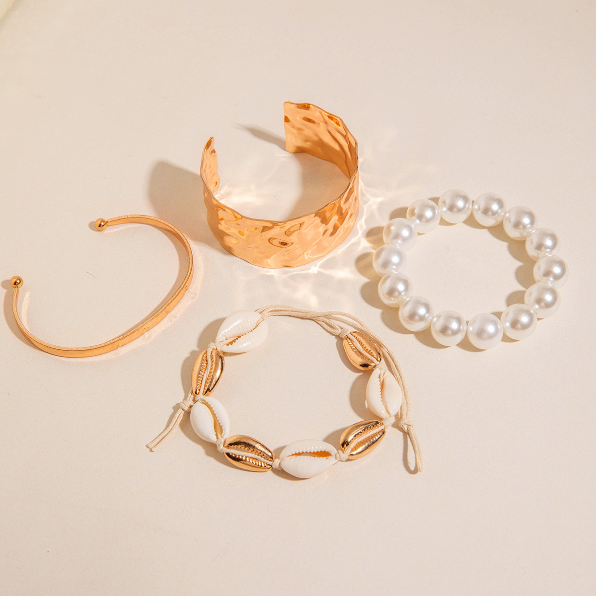 欧美跨境新款多层线条缠绕几何开口手镯套装朋克风波浪形串珠手链详情43