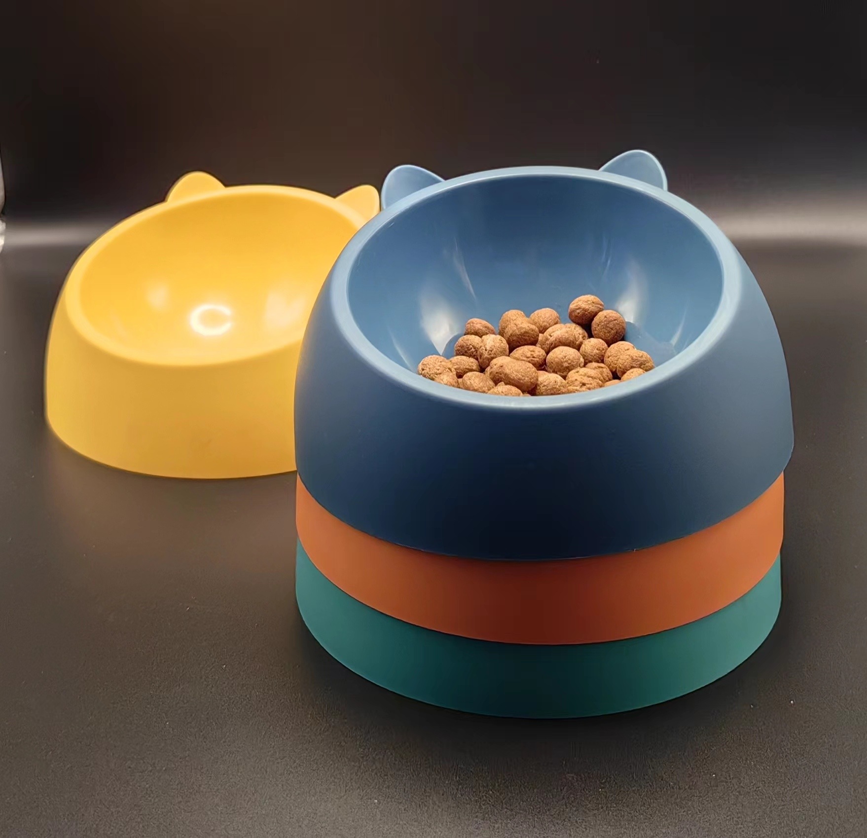 Cross-border wholesale candy-colored cat head small stainless steel single bowl detachable plastic base cute cat and dog food bowl pic 4