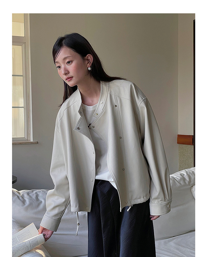 【歌铭】韩系通勤立领皮衣夹克女春季新款复古机车服短外套W733B详情41