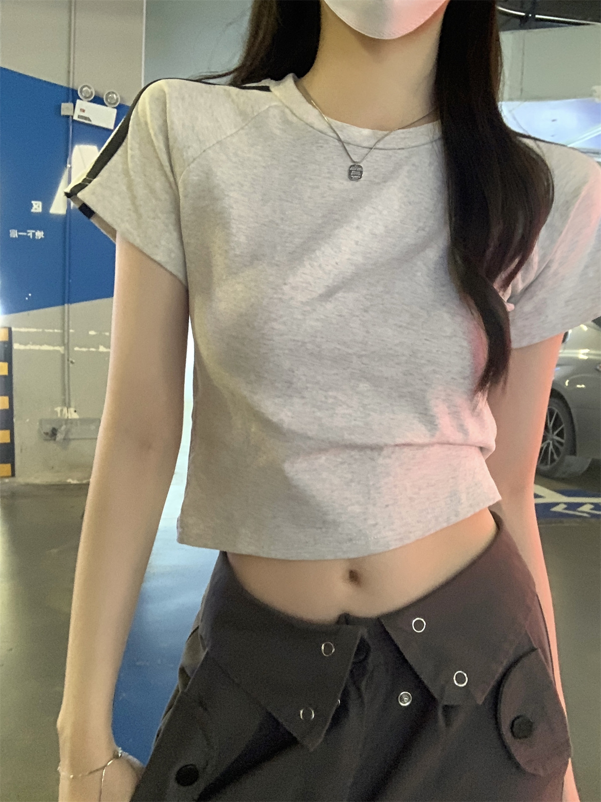 美式2024夏季新款韩版圆领修身插肩杠条显瘦百搭短袖T恤女装上衣详情24