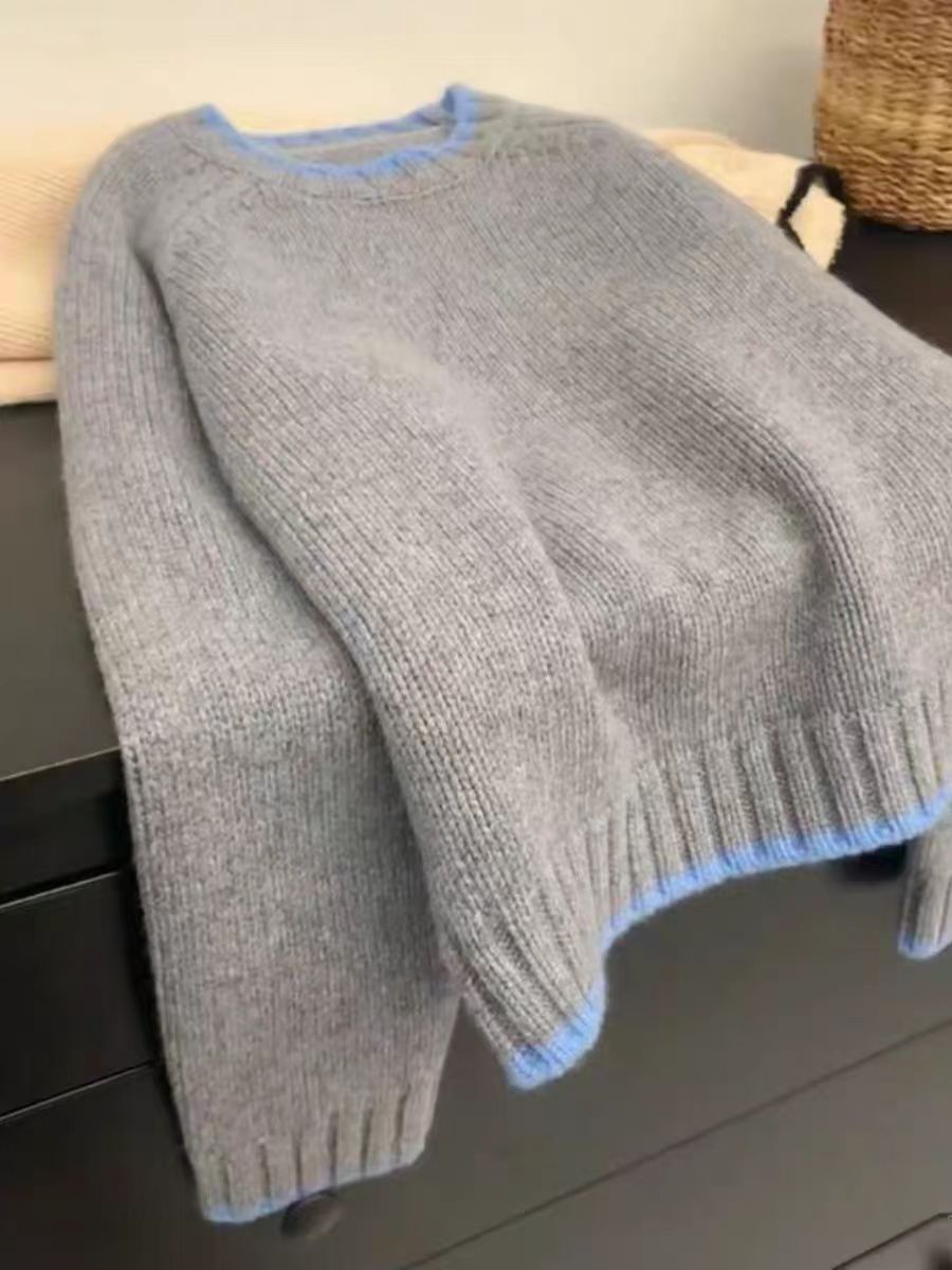 秋冬新款加厚舒适软糯拼色圆领女士短款针织毛衣100全羊毛套头衫详情3