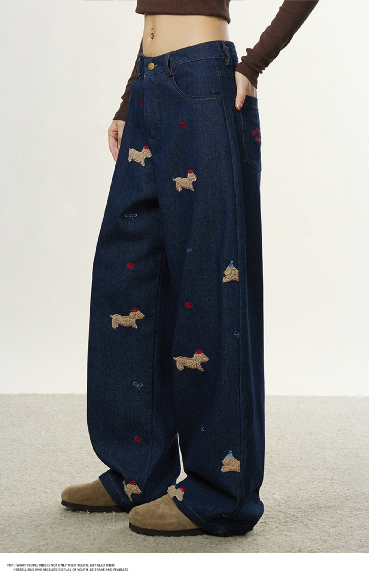 美式复古小狗贴布刺绣牛仔裤男女春秋设计感直筒裤宽松阔腿拖地裤详情4