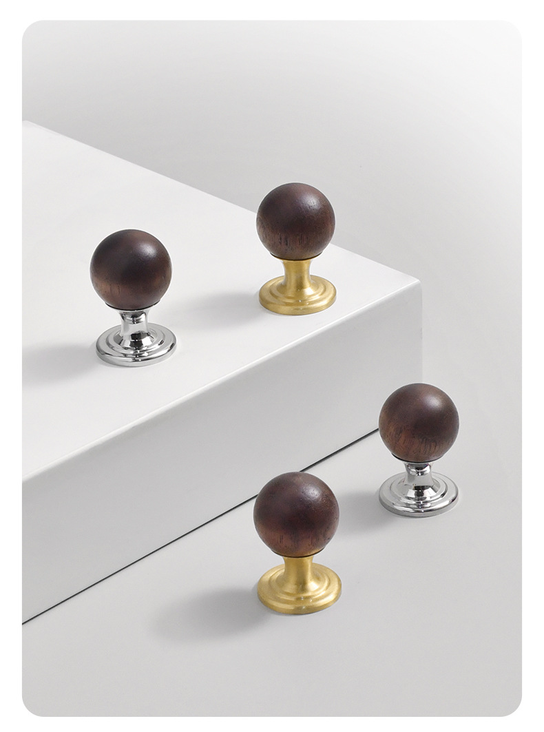 Factory wholesale of Chinese-style walnut wood wardrobe door handles, simple brass cabinet drawer furniture, and round ball handles pic 4