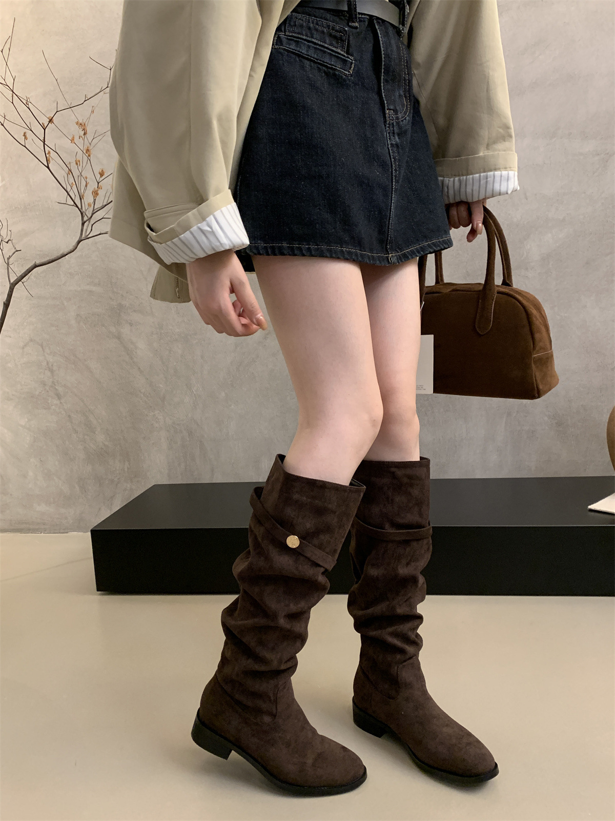 绒面瘦瘦靴卡其色堆堆骑士靴女2025新款秋冬季显瘦高筒粗跟长靴子详情11