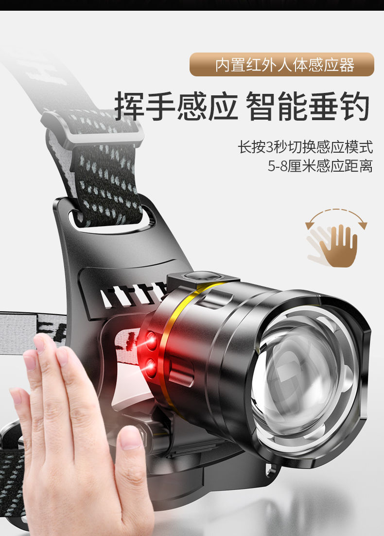 Wholesale outdoor LED sensor headlights, telescopic zoom, USB charging, strong light, waterproof searchlights, lighting accessories, heat sinks pic 10