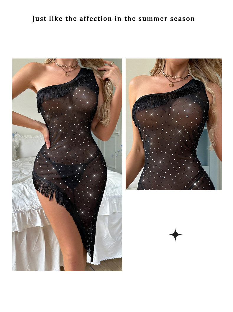 Feiyun Cross-border single-shoulder hot diamond mesh fabric seductive nightdress with irregular fringes and see-through, a sexy home wear for 736 pic 8
